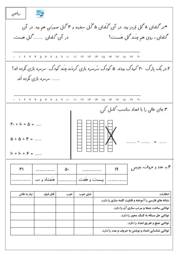 آزمون و نمونه سوال فروردین ماه ریاضی اول ابتدایی