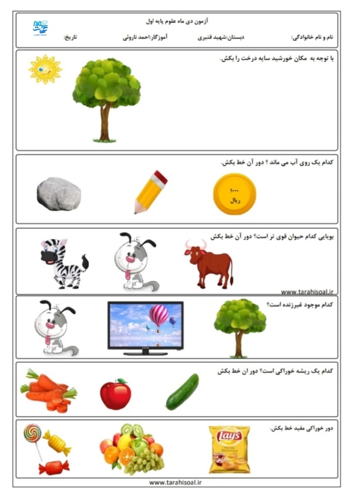 آزمون و نمونه سوال علوم دی ماه اول ابتدایی