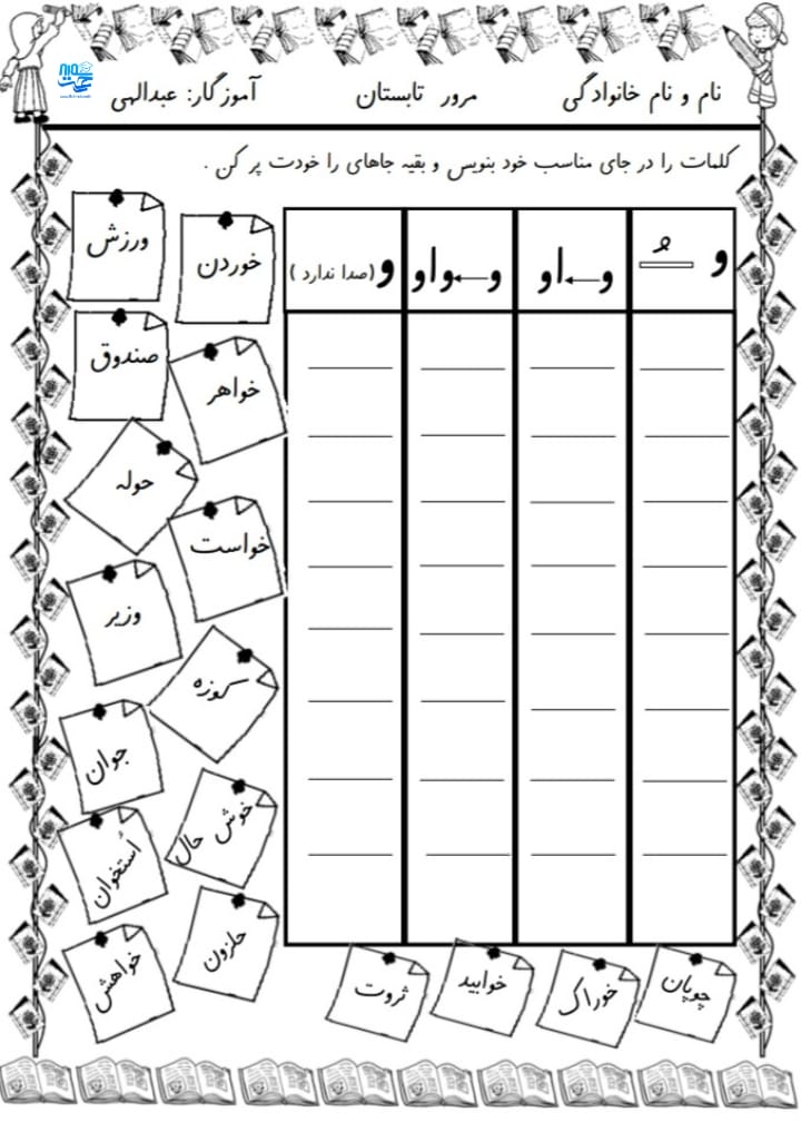 کاربرگ و نمونه سوال تابستانه اول ابتدایی