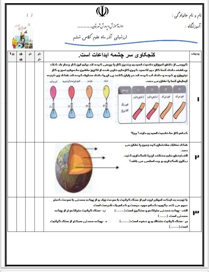 کاربرگ آزمون علوم ششم ابتدایی