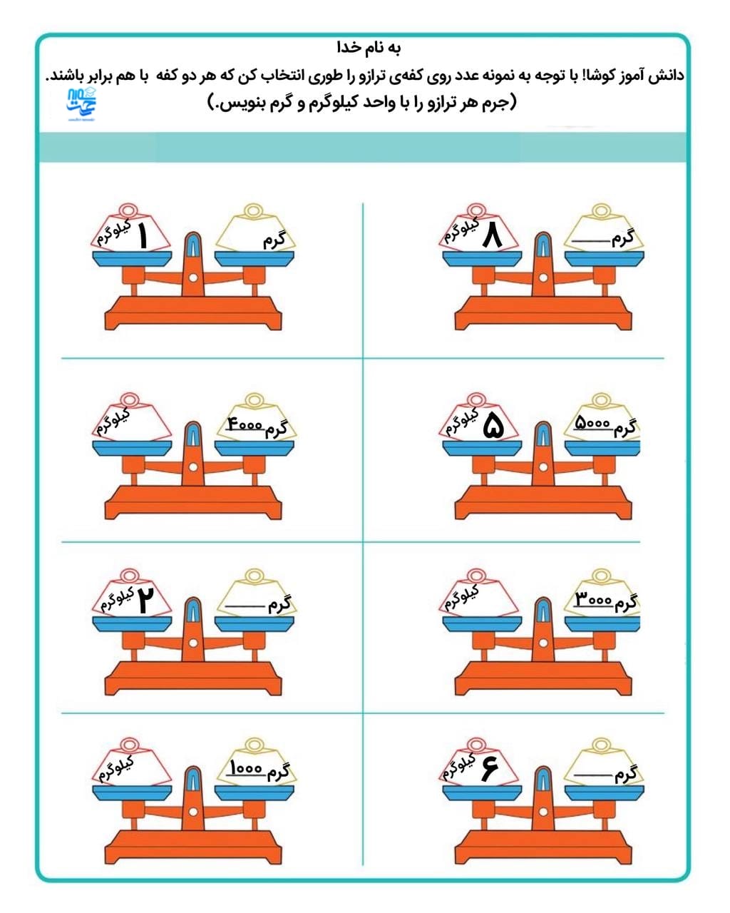 کاربرگ اندازه گیری ریاضی سوم دبستان