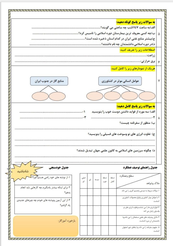 کاربرگ آزمون مطالعات اجتماعی ششم ابتدایی