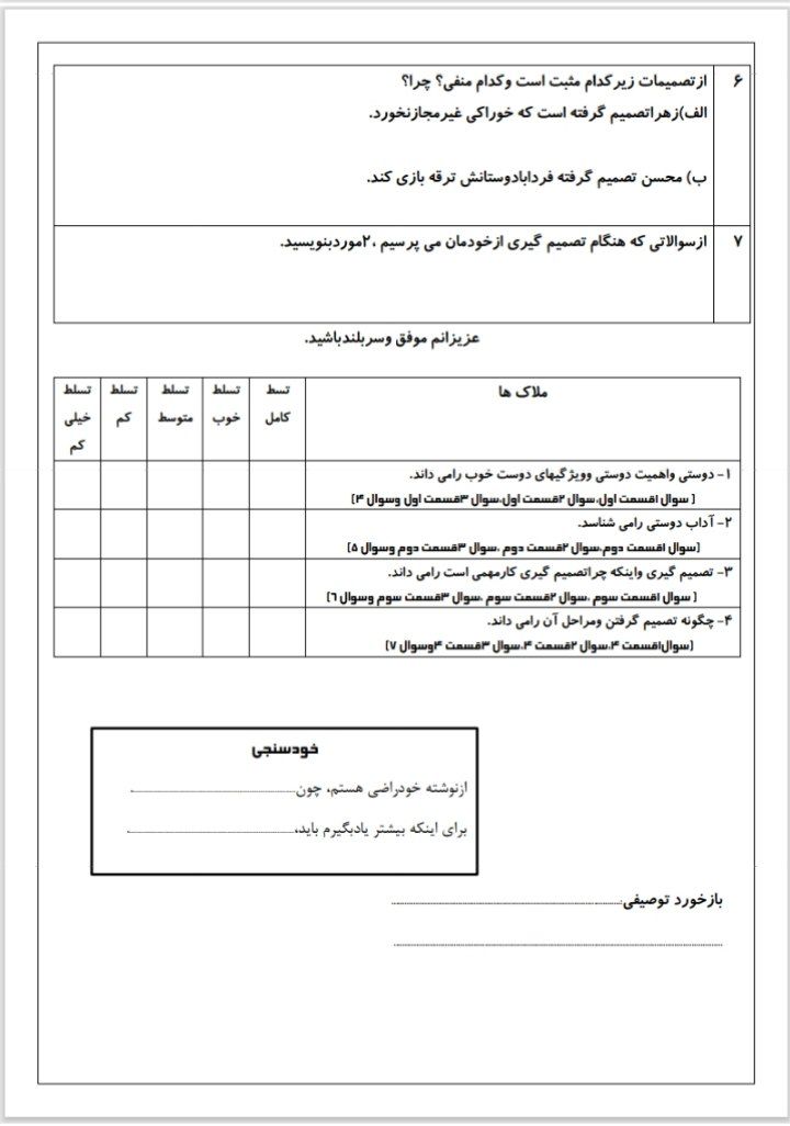 کاربرگ آزمون مطالعات ششم ابتدایی