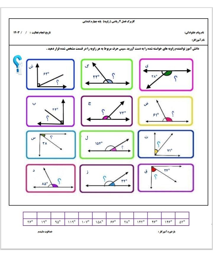 کاربرگ زاویه هاریاضی چهارم دبستان