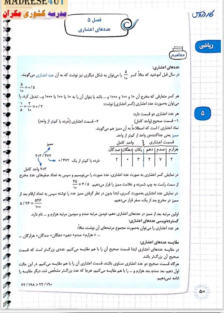 کاربرگ فصل پنجم عددهای اعشاری پنجم