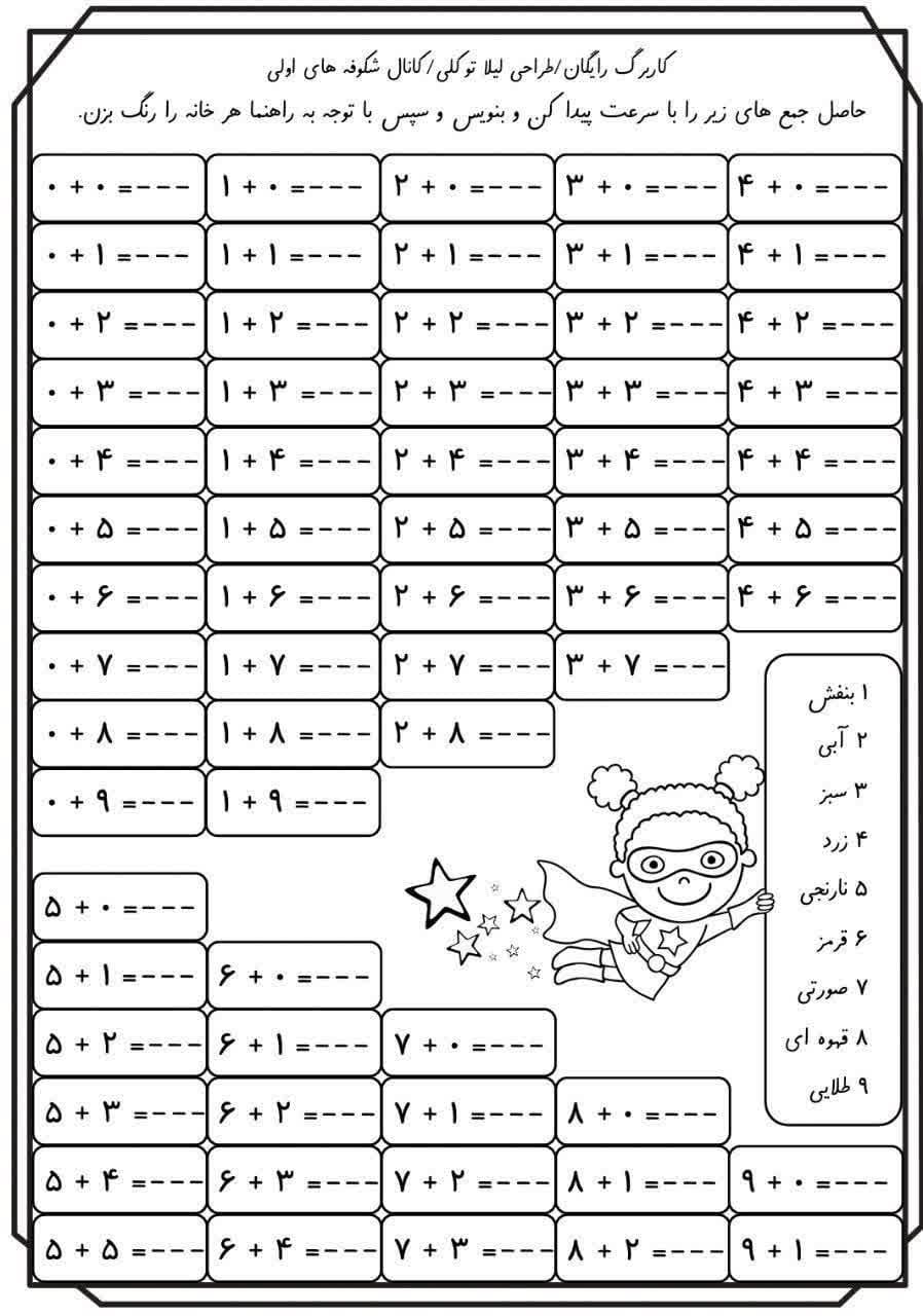 آزمون و نمونه سوال جمع ریاضی اول ابتدایی