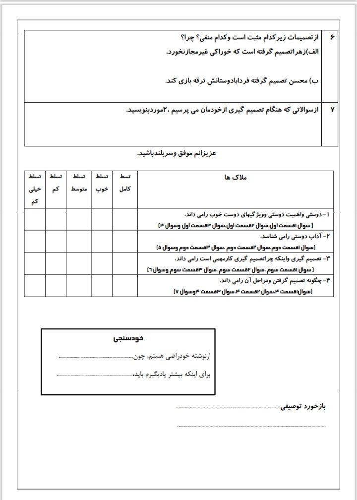 کاربرگ آزمون اجتماعی چهاردرس اول ششم ابتدایی