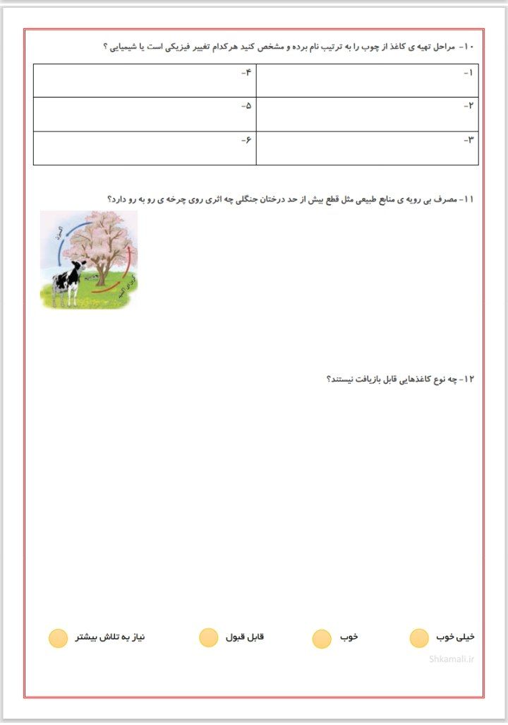 کاربرگ آزمون علوم تجربی فصل۱و۲ششم ابتدایی