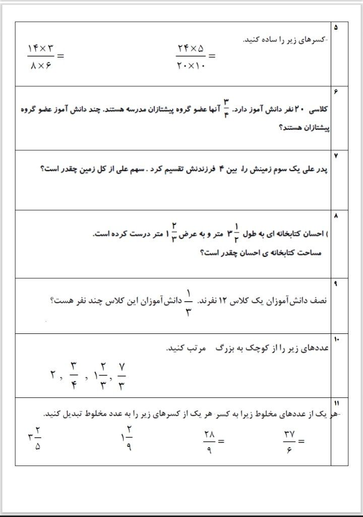 کاربرگ مرور فصل دوم ریاضی پنجم ابتدایی