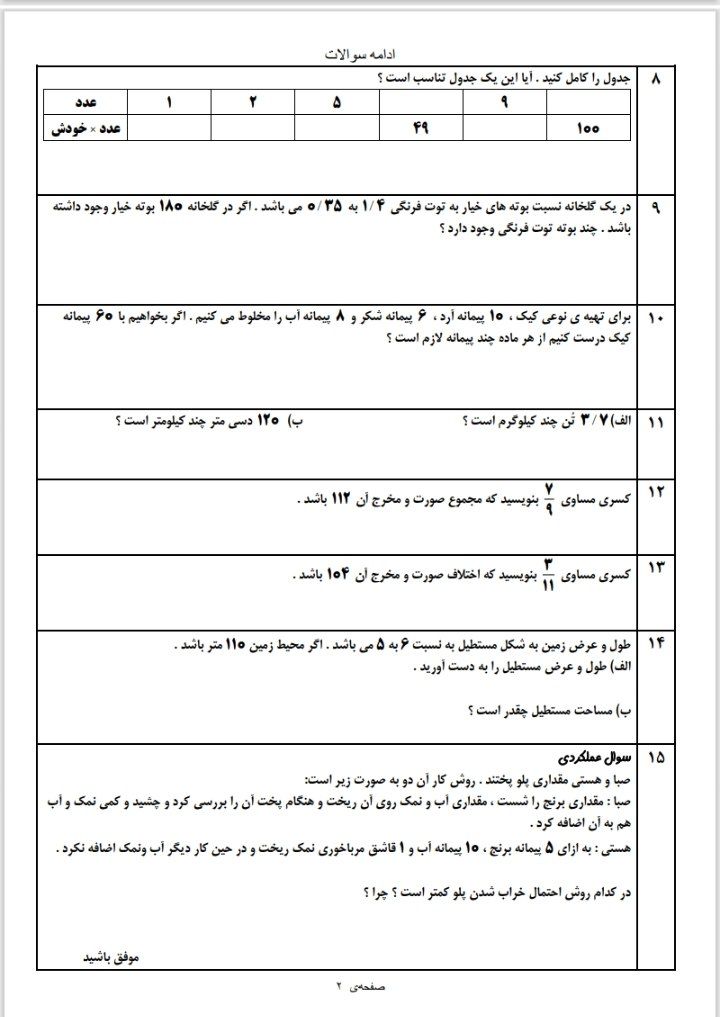 آزمون ریاضی فصل ششم-ششم ابتدایی