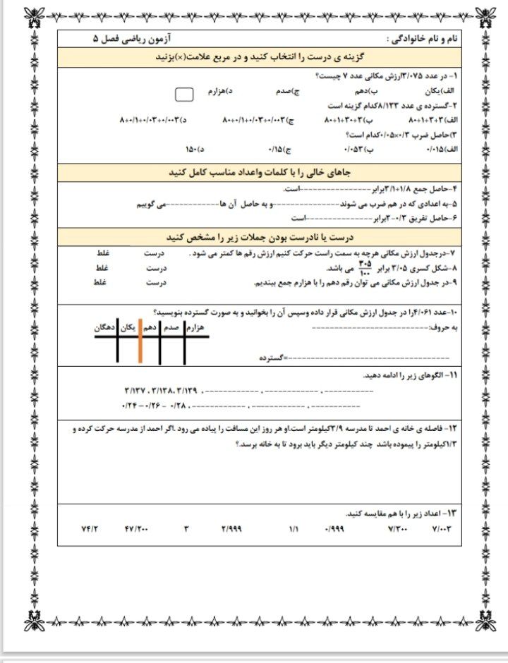 آزمون ریاضی اعشار فصل پنجم-پنجم ابتدایی