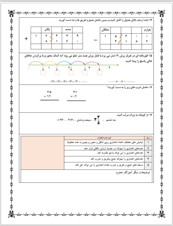 آزمون ریاضی اعشار فصل پنجم-پنجم ابتدایی