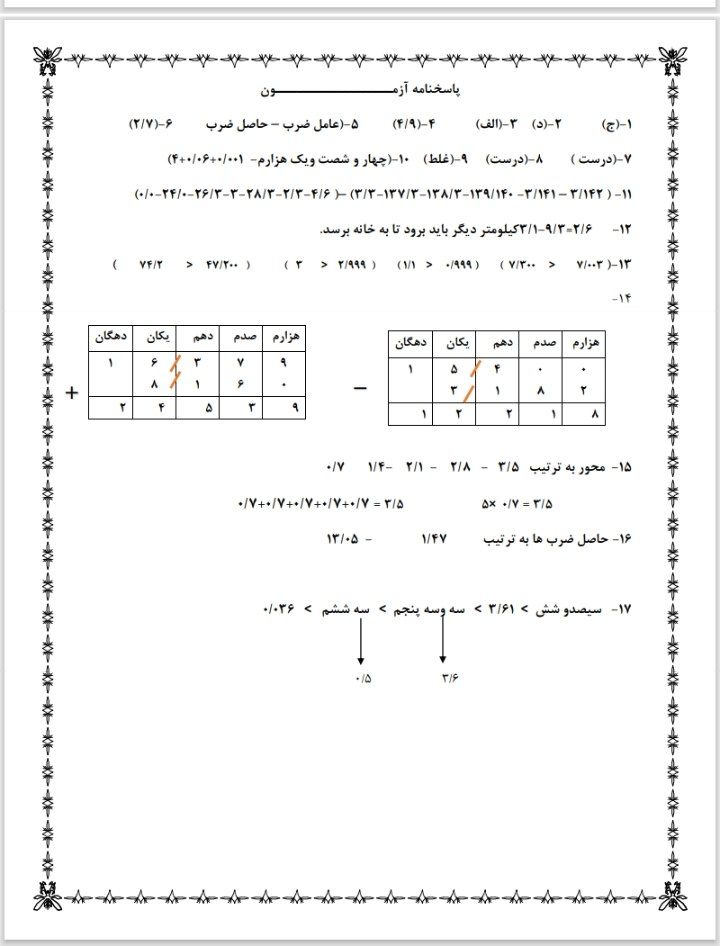 آزمون ریاضی اعشار فصل پنجم-پنجم ابتدایی