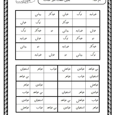 کاربرگ جدول شگفت انگیز خوا استثناء فارسی اول ابتدایی