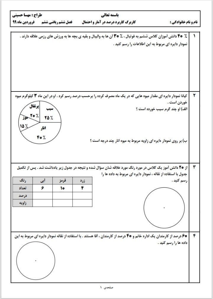 آزمون درصد،آمارواحتمال ریاضی ششم دبستان