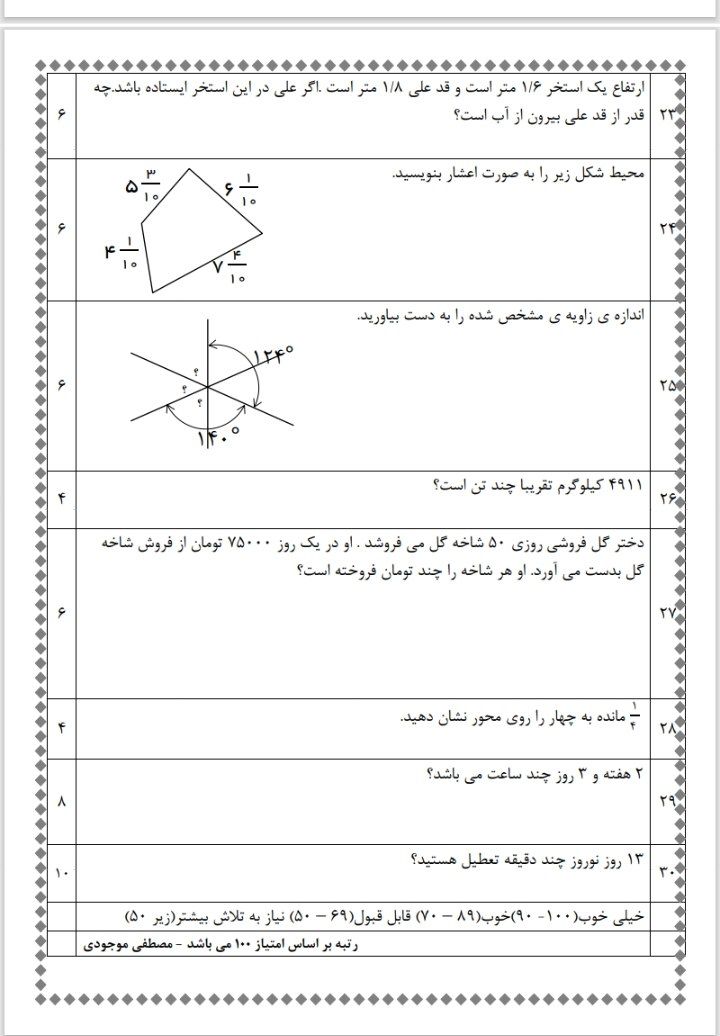 کاربرگ ریاضی آزمون اسفندماه چهارم ابتدایی