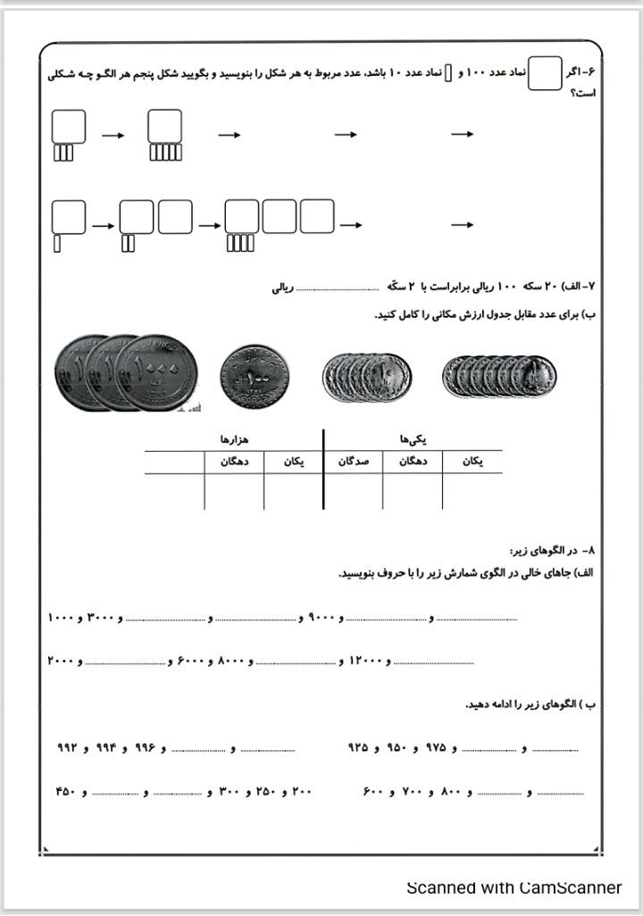 کاربرگ دوره ای فصل یک ریاضی چهارم ابتدایی