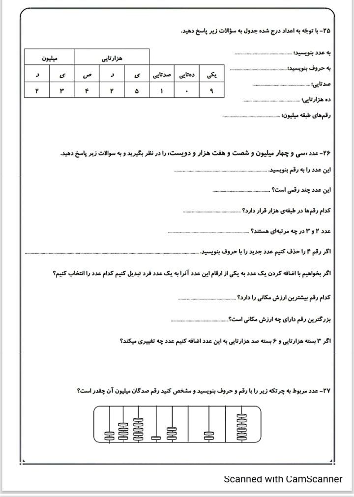 کاربرگ دوره ای فصل یک ریاضی چهارم ابتدایی