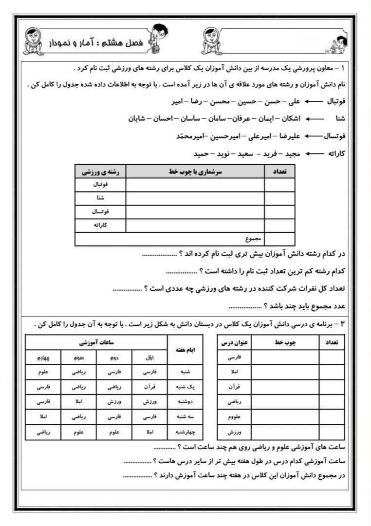 کاربرگ آمار و نمودار ریاضی دوم دبستان