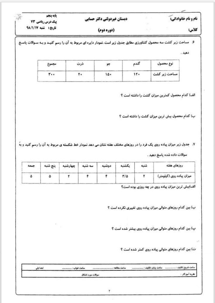 آزمون فصل ۷ریاضی(۱) پنجم دبستان