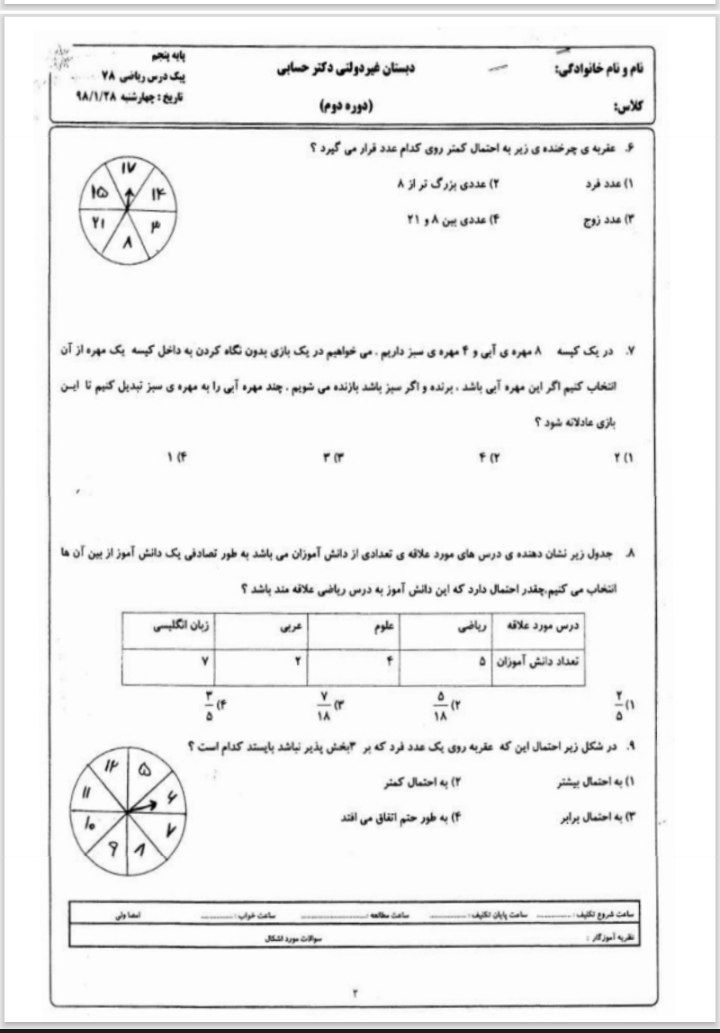 آزمون فصل7ریاضی(6) پنجم دبستان