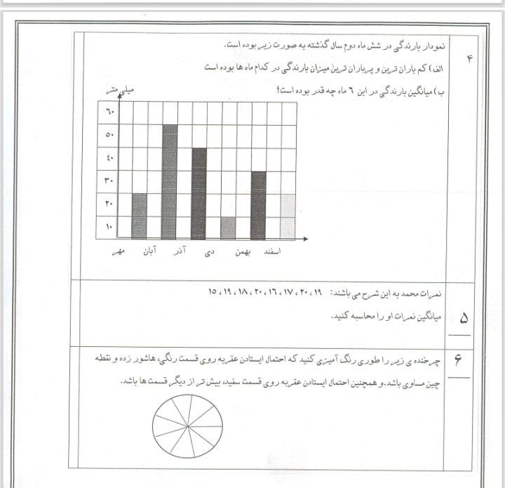 آزمون ریاضی نوبت دوم آمار و احتمال پنجم دبستان