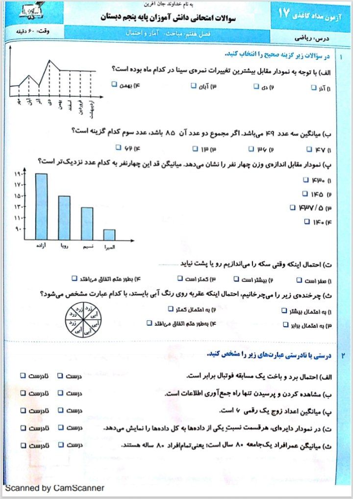 آزمون ریاضی فصل۷آمارپنجم دبستان
