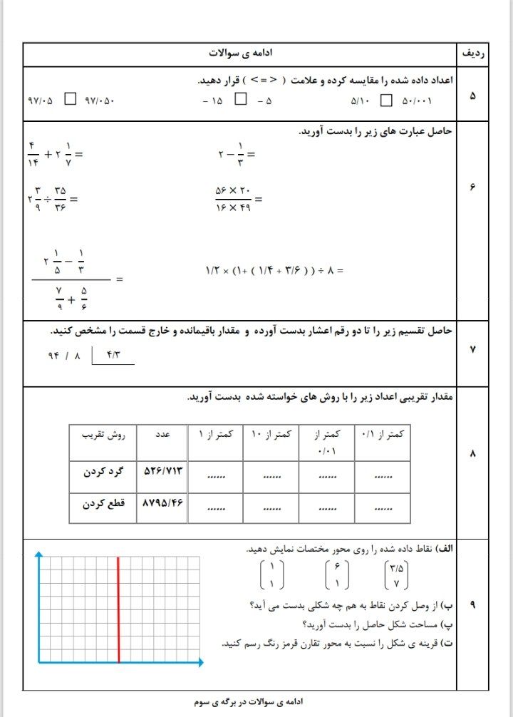 آزمون ریاضی خردادماه ششم ابتدایی