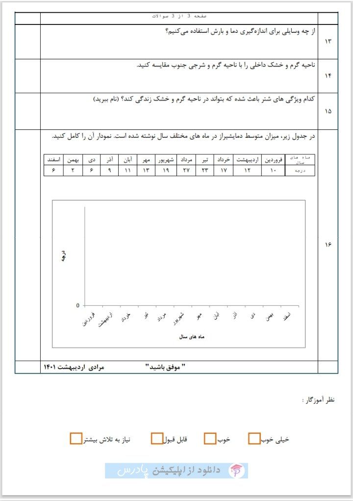 آزمون مطالعات خردادماه چهارم ابتدایی