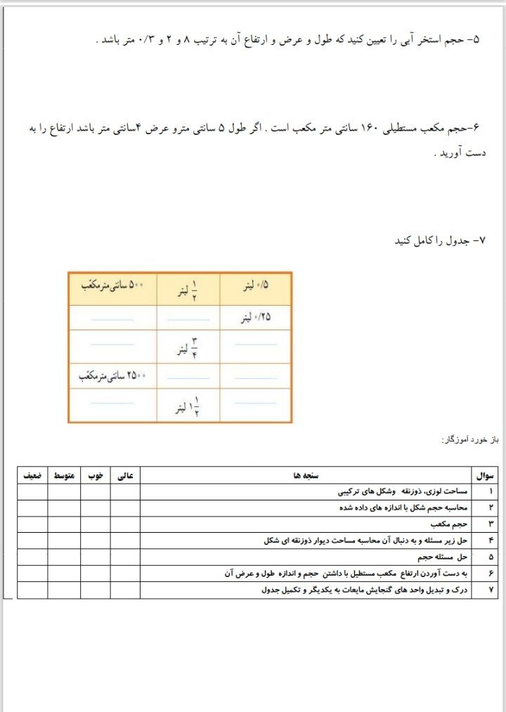 آزمون ریاضی عملکردی پنجم دبستان