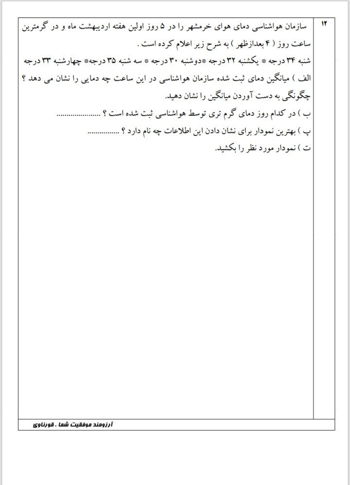 آزمون ریاضی اردیبهشت پنجم ابتدایی