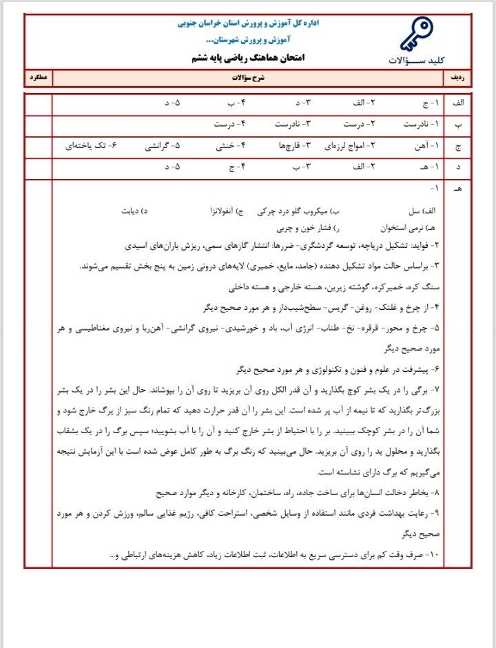 ارزشیابی علوم تجربی ششم دبستان