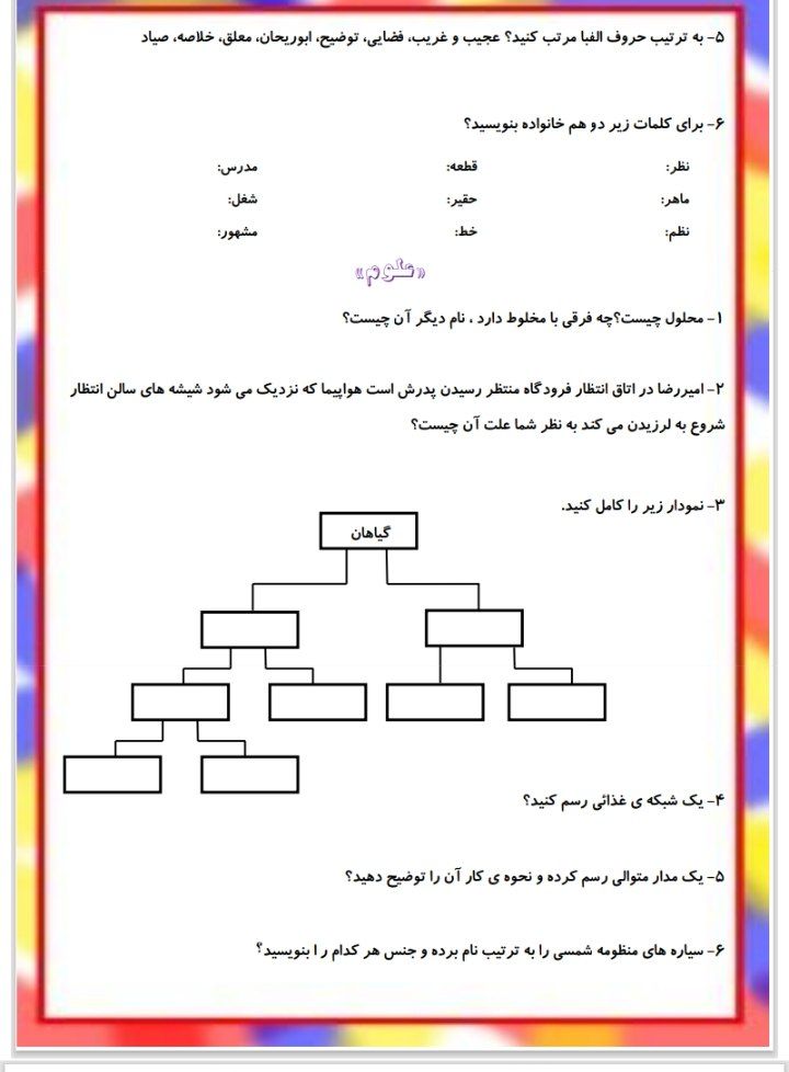 کاربرگ پیک تابستانه تیر چهارم دبستان
