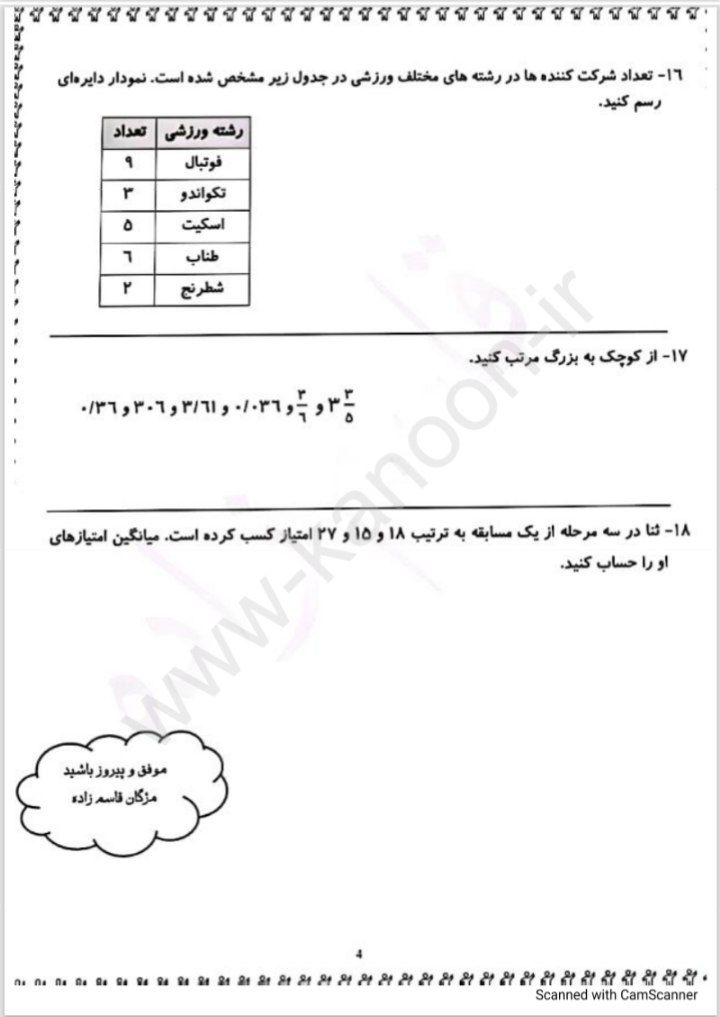 آزمون ریاضی خرداد پنجم دبستان (۴)