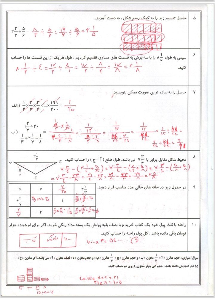 آزمون ریاضی فصلاکســرهاششم دبستان(۳)
