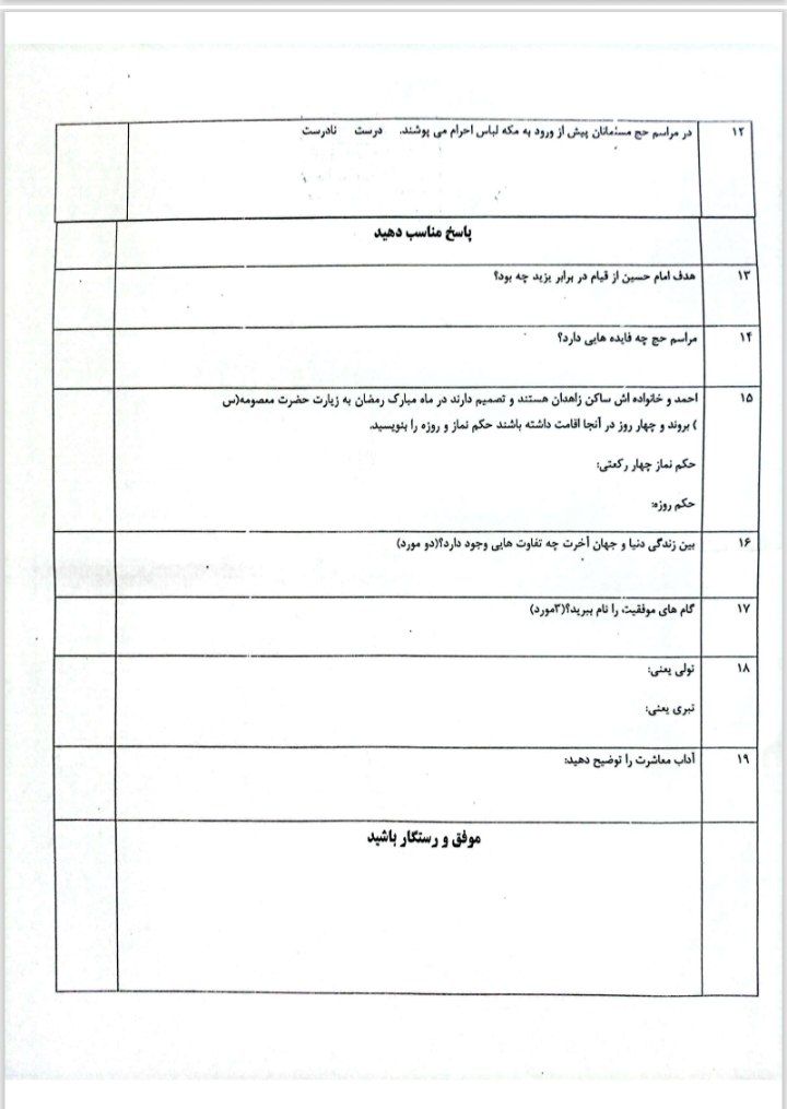 آزمون نهایی هدیه‌های آسمانی ششم دبستان