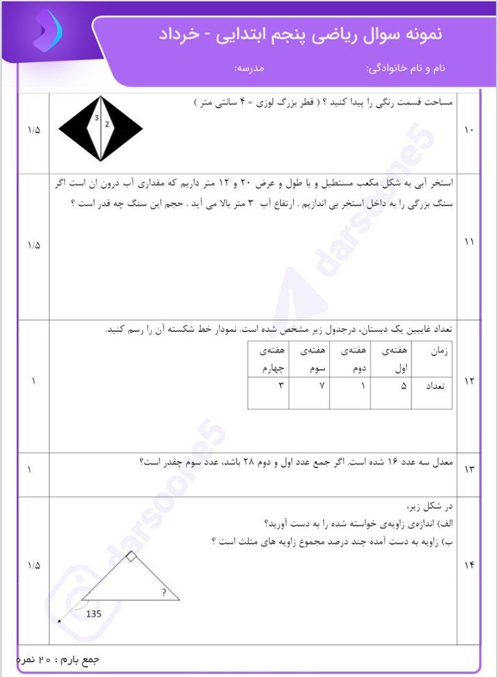 آزمون ریاضی خرداد پنجم دبستان