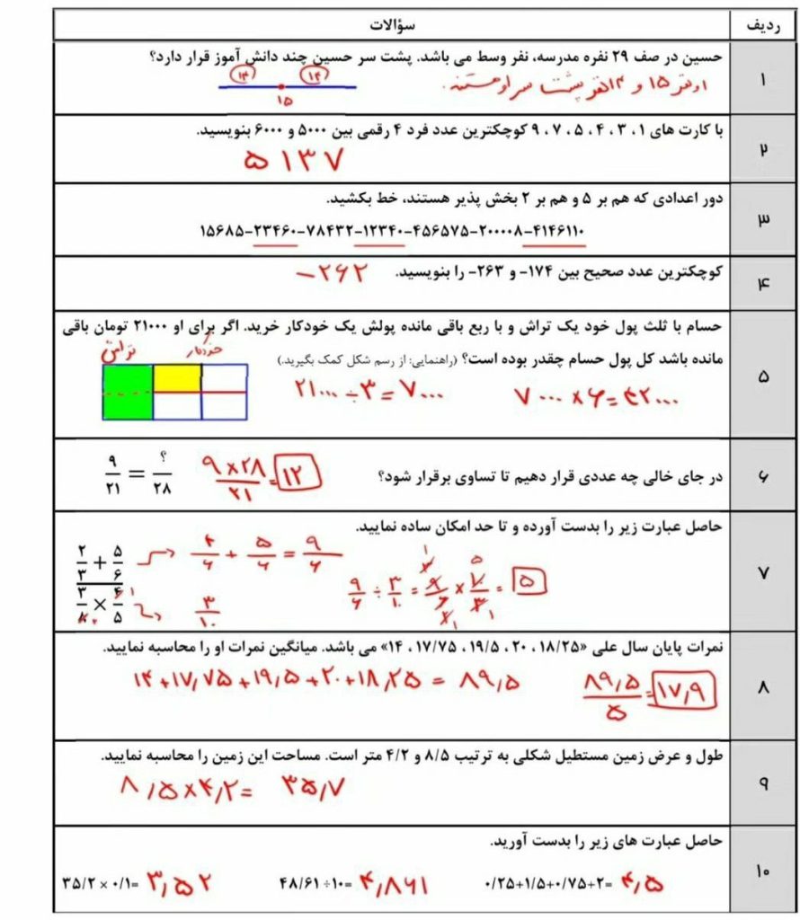 نمونه سوال ریاضی خردادششم دبستان