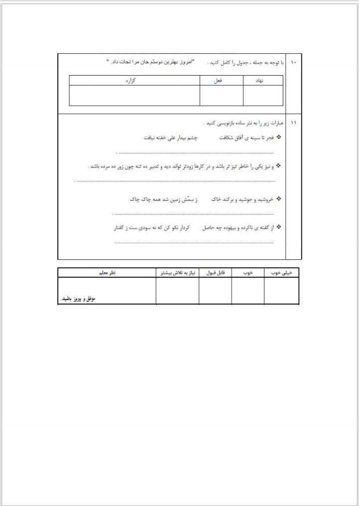 کاربرگ فارسی ونگارش خردادششم دبستان