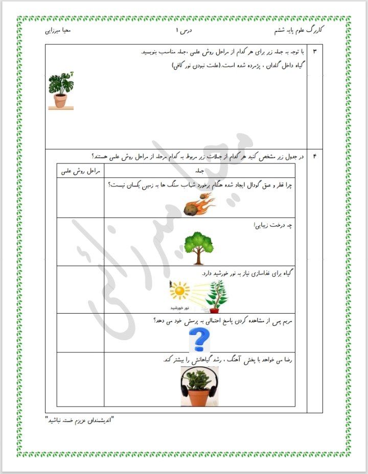 ارزشیابی علوم درس ۱ ششم دبستان