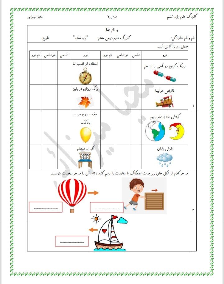 ارزشیابی علوم درس۷ششم دبستان