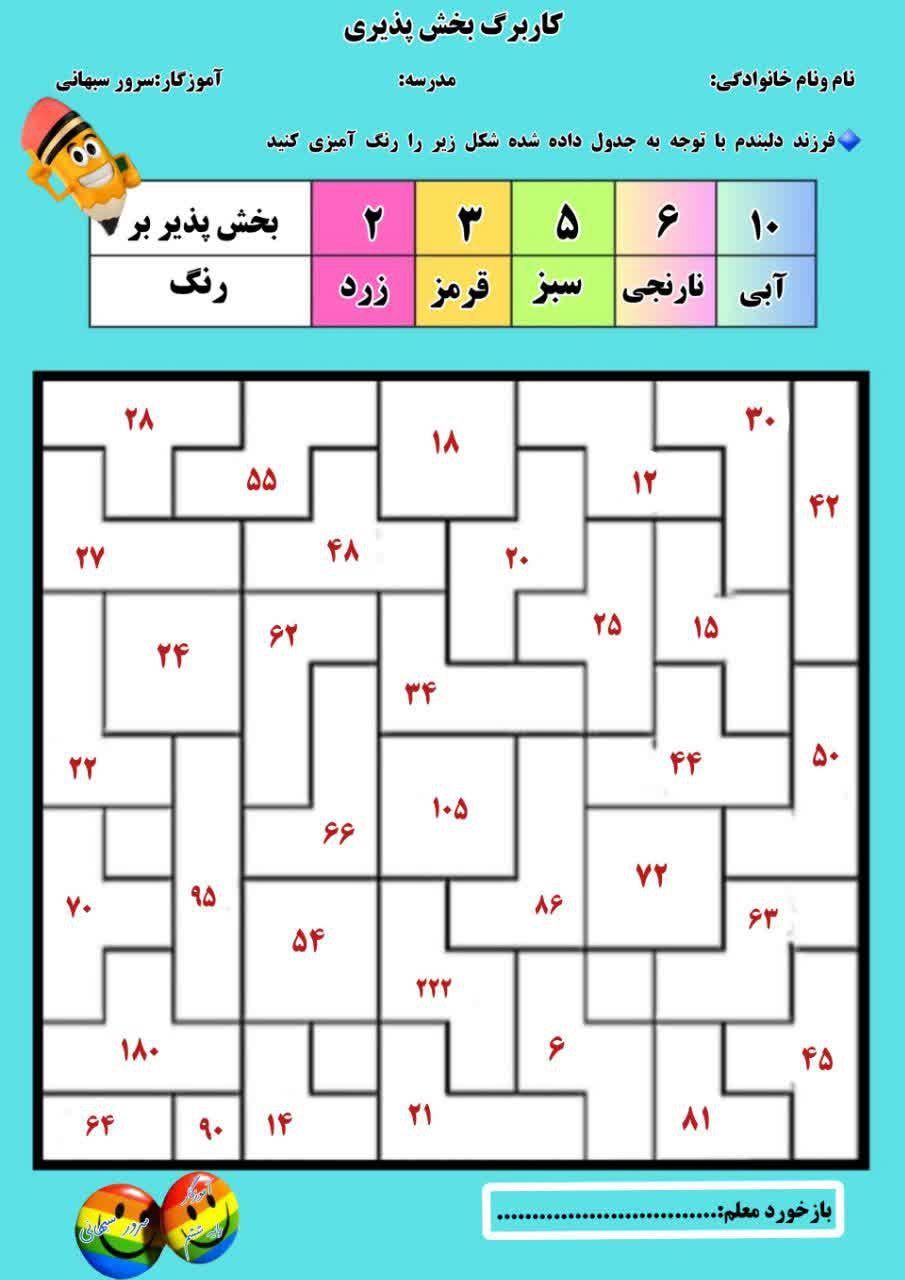 کاربرگ خلاق بخش پذیری ریاضی ششم دبستان