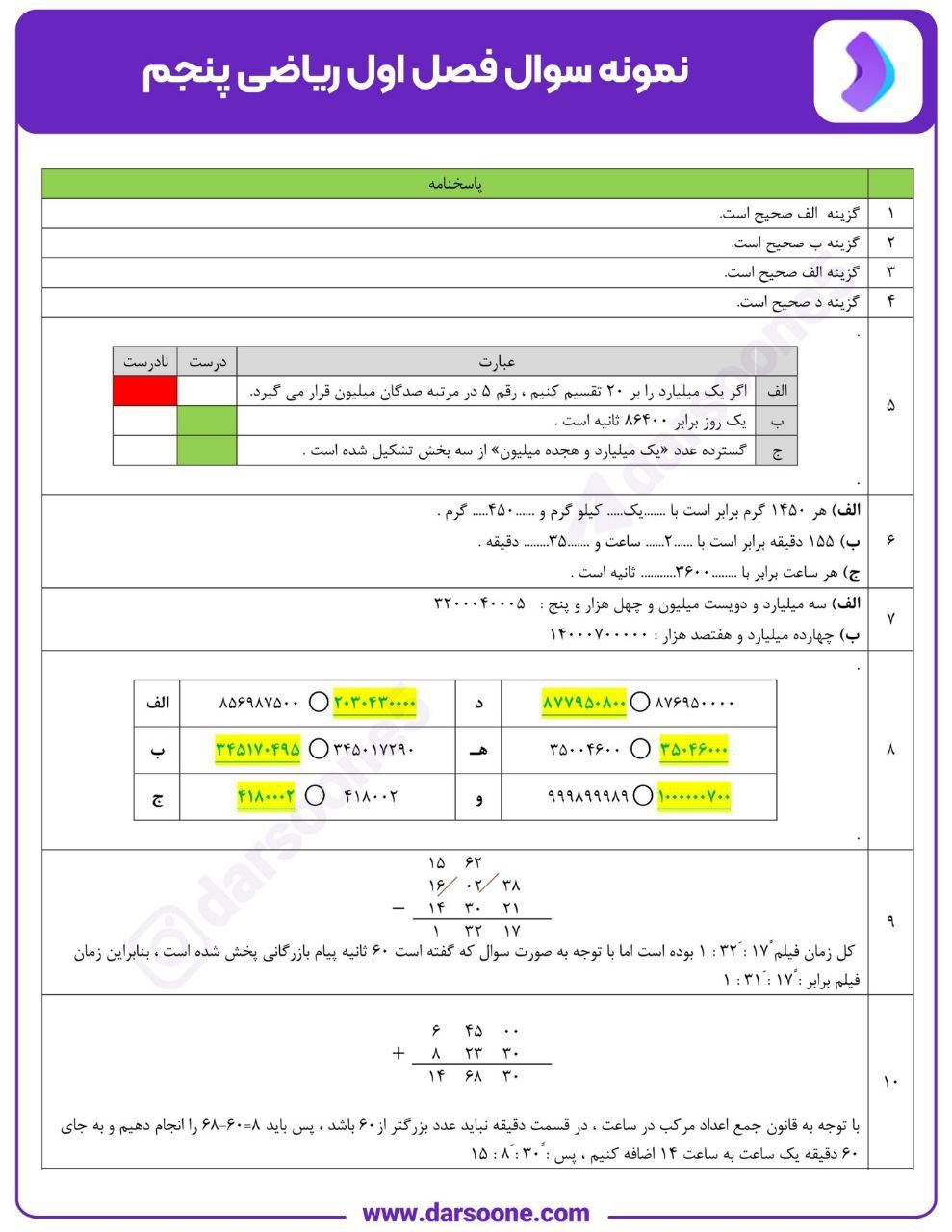 آزمون ریاضی فصل اول پنجم دبستان باپاسخنامه