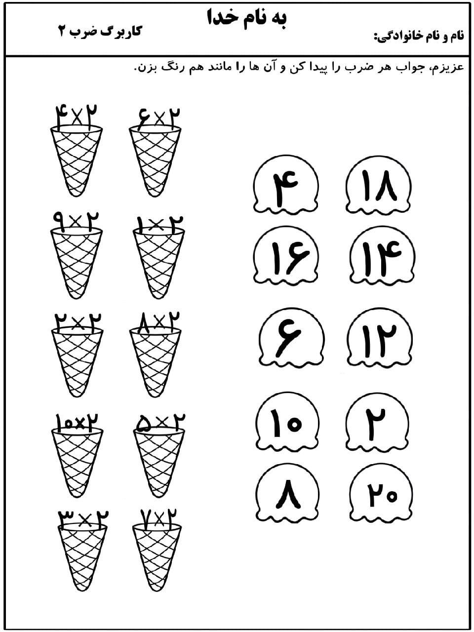 کاربرگ خلاق ضرب عدد 2 ریاضی سوم دبستان