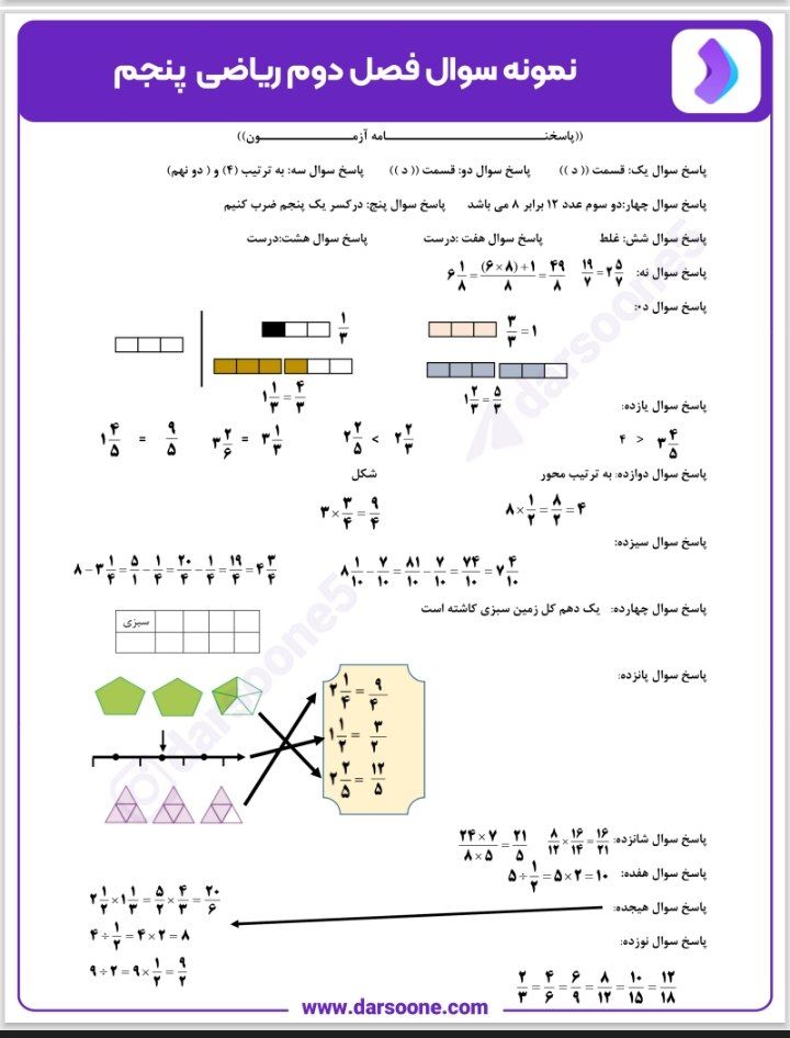 کاربرگ ریاضی فصل۲پنجم دبستان-۲باپاسخنامه