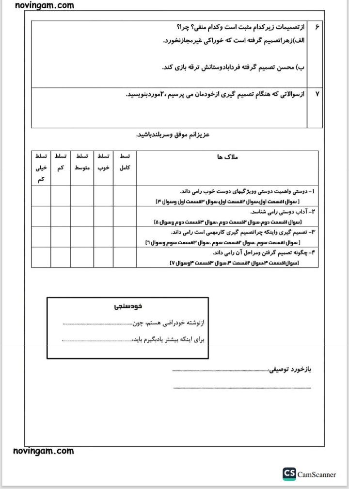 کاربرگ آزمون مطالعات درس۱تا۴ششم دبستان