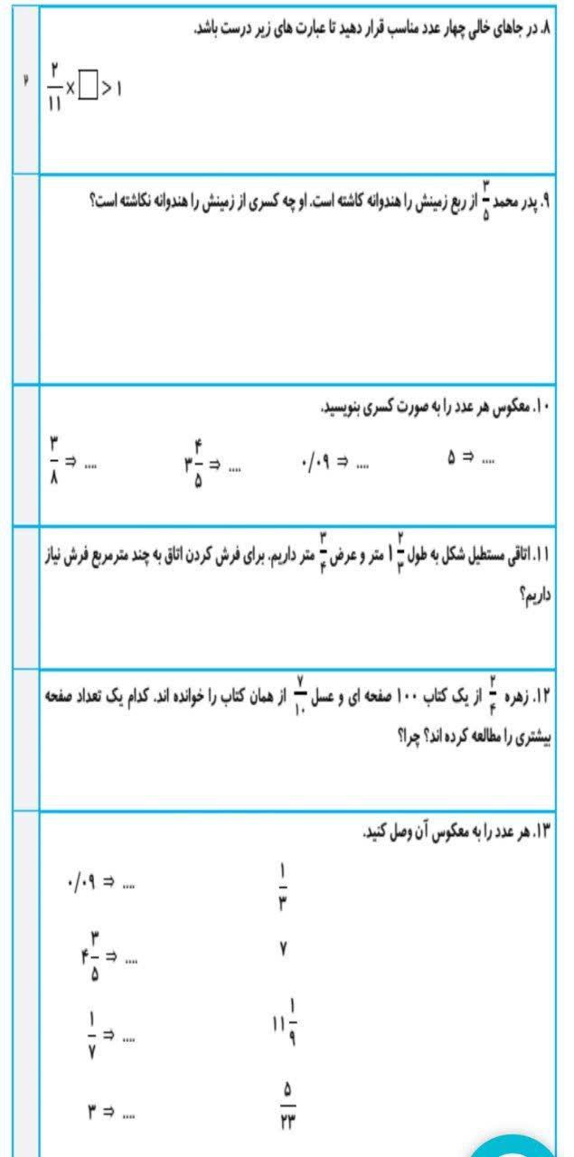 کاربرگ آزمون ریاضی فصل۲ششم دبستان