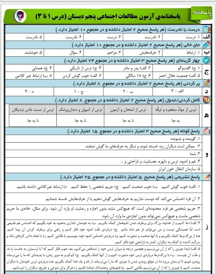 آزمون مطالعات درس۱تا۳پنجم دبستان باپاسخنامه