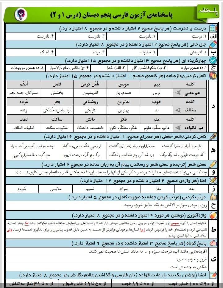 آزمون فارسی درس۱و۲پنجم دبستان باپاسخنامه