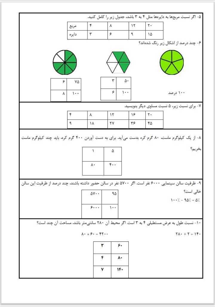 کاربرگ ریاضی فصل۳پنجم دبستان با پاسخنامه